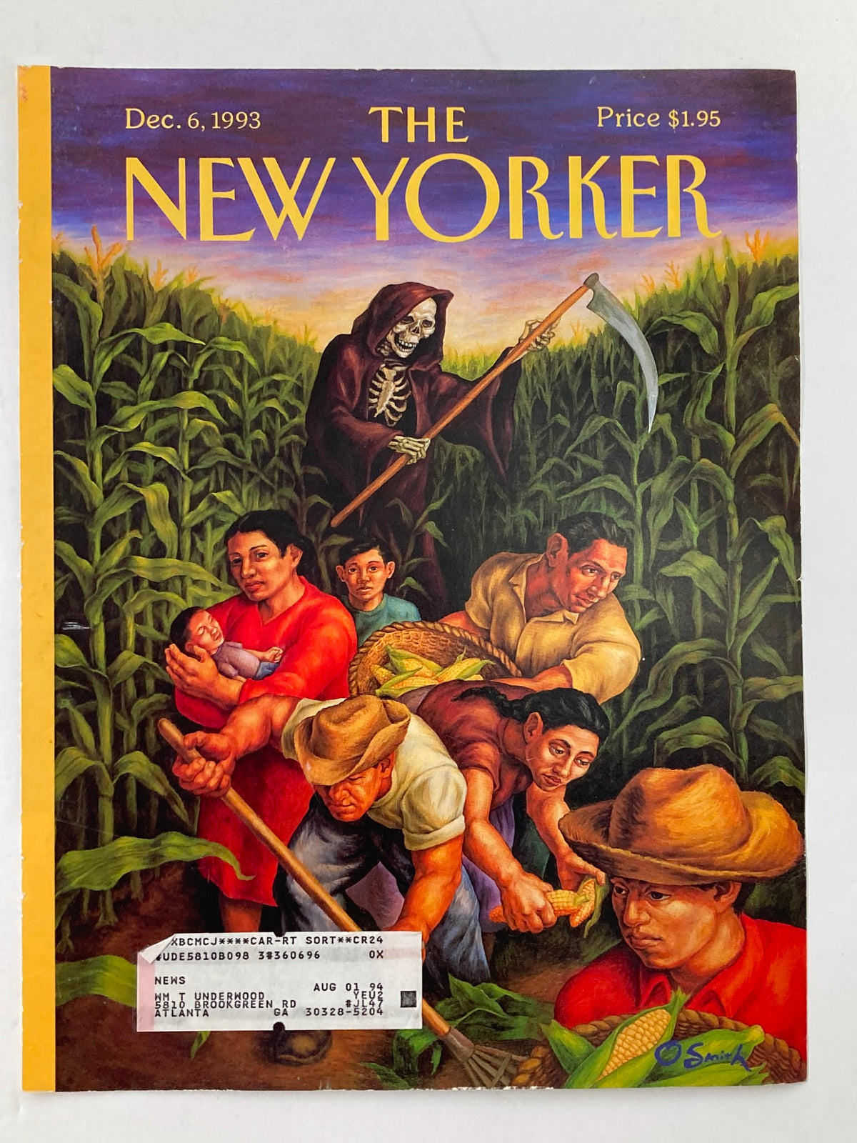 Cover of The New Yorker from December 6, 1993, featuring an intricate illustration of a grim reaper overseeing farmers in a cornfield, created by Owen Smith.