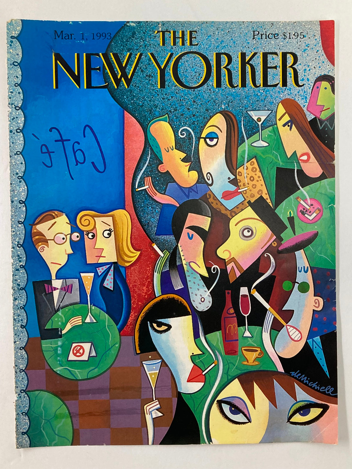 COVER ONLY The New Yorker March 1 1993 by Robert deMichiell, an illustrated cover capturing the essence of a social gathering with distinct characters and a colorful background, highlighting themes of secondhand smoke.