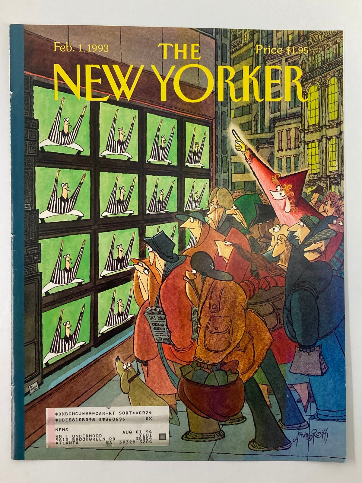 COVER ONLY The New Yorker February 1 1993 Super Bowl XXVII by Arnold Roth depicting a whimsical scene of onlookers captivated by TV screens in a city setting, celebrating the Super Bowl event.