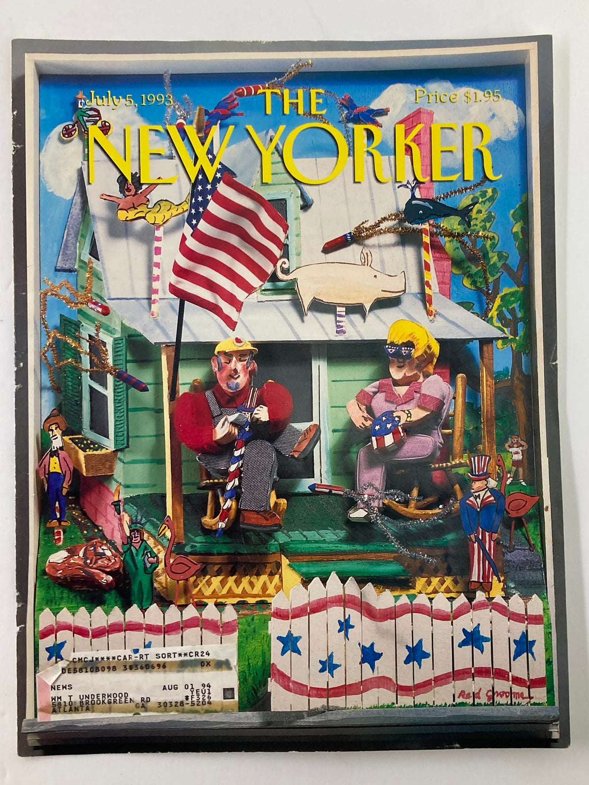 The New Yorker Cover July 5 1993, showcasing a colorful Independence Day scene illustrated by Red Grooms, featuring characters celebrating with American flags and festive decorations.