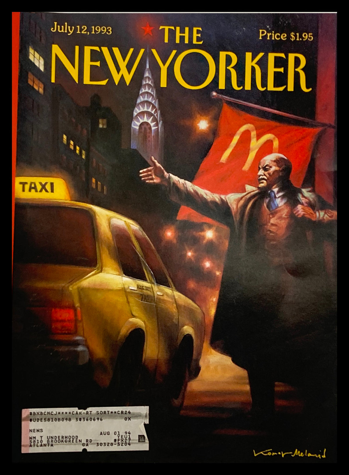 Cover of The New Yorker July 12, 1993, titled 'Lenin Hails A Cab' by Vitaly Komar, featuring a depiction of Lenin hailing a yellow taxi with a McDonald's flag in the background.