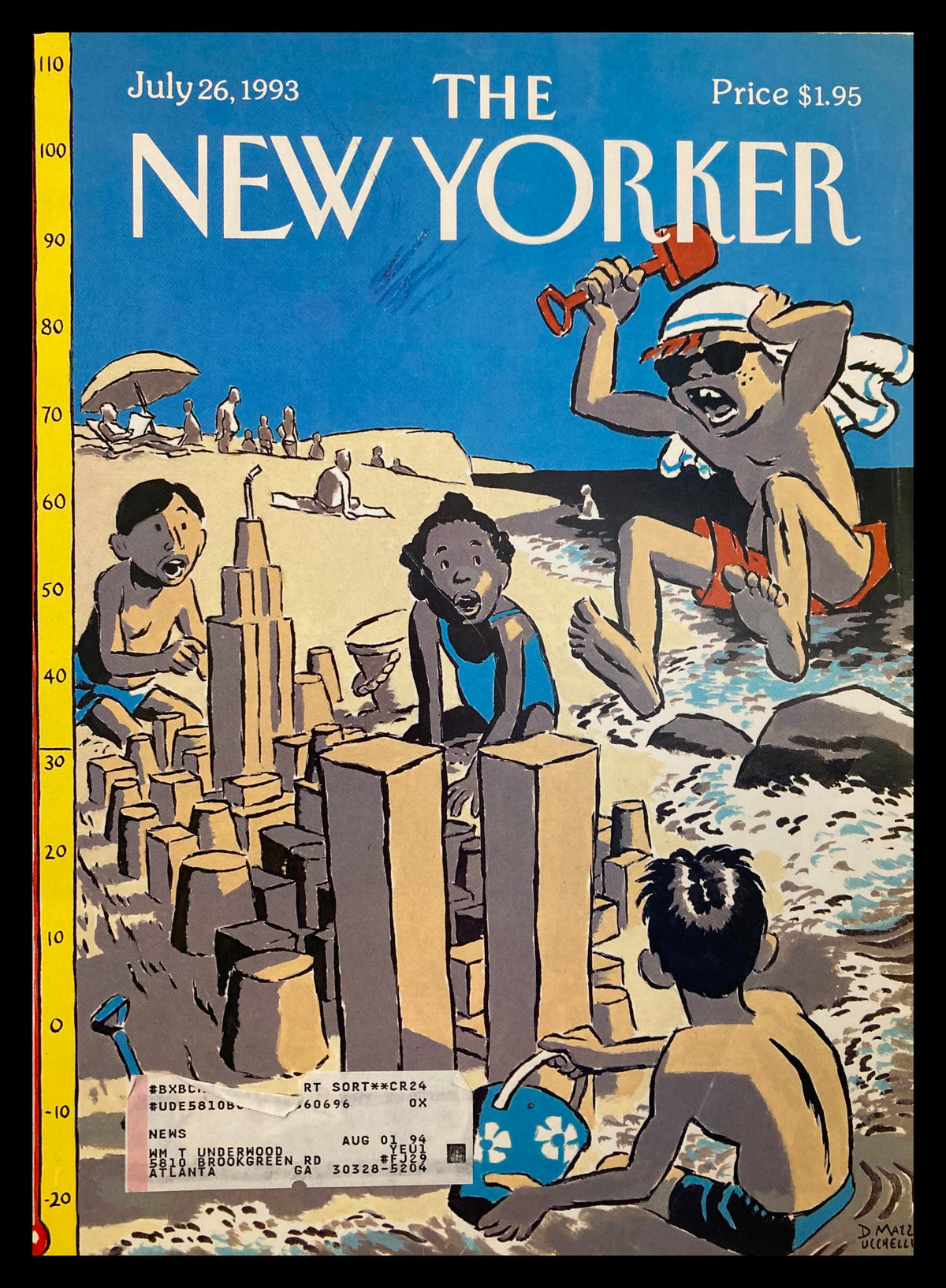 The New Yorker cover from July 26, 1993, titled 'Castles in the Sand' by David Mazzucchelli, depicting children playing on a beach with sandcastles under a bright blue sky.