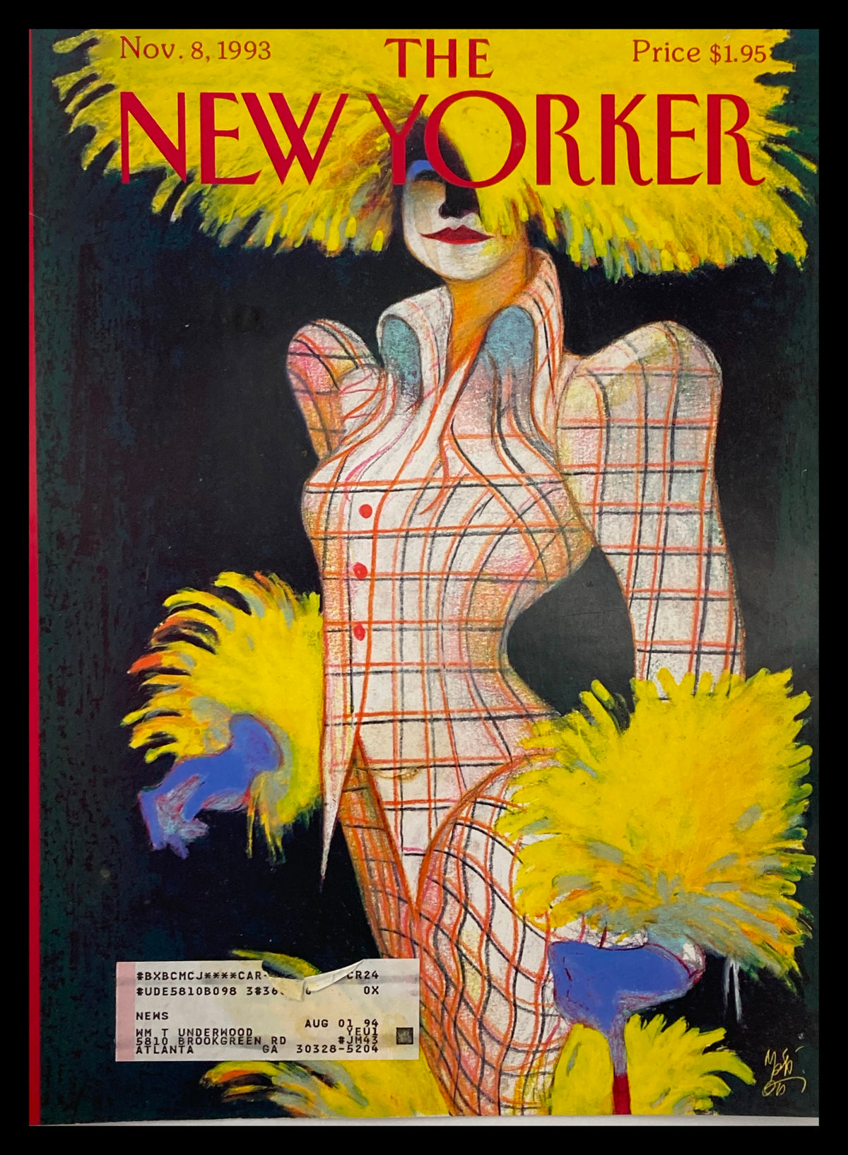 Cover of The New Yorker from November 8, 1993, featuring a vibrant illustration titled 'Fashion Power' by Lorenzo Mattoti, showcasing a model in striking fashion with a bright yellow feathered headdress.