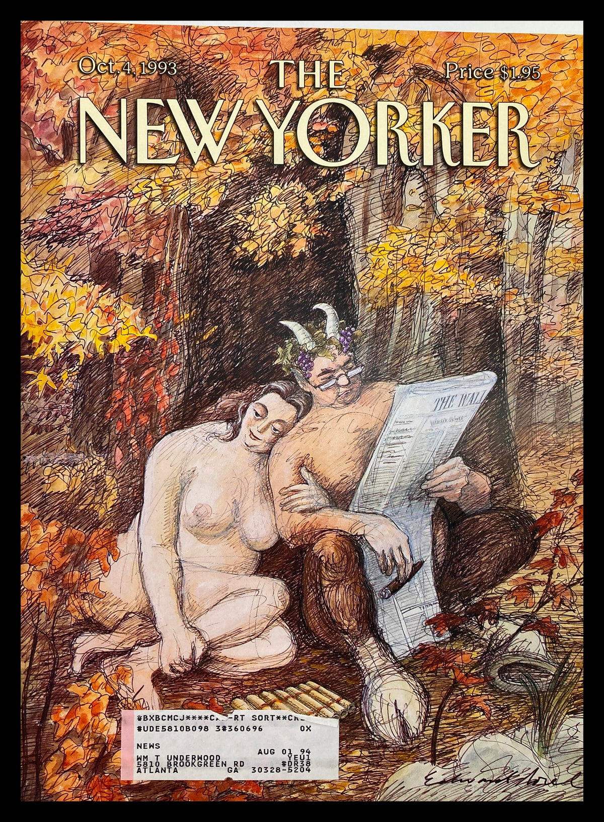 The New Yorker Cover October 4 1993 featuring the whimsical illustration 'Remembrance of Flings' by Edward Sorel, depicting two figures among autumn leaves, capturing 90s nostalgia.