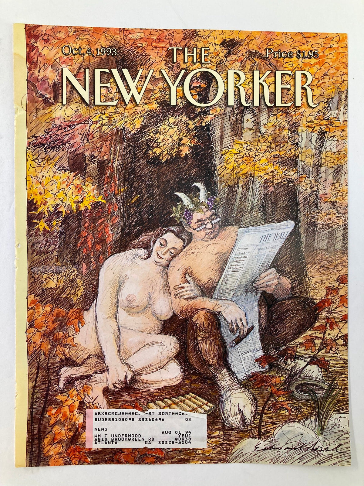 The New Yorker Cover October 4 1993 illustrating 'Remembrance of Flings' by Edward Sorel, showcasing a playful scene with two characters in a forest of vibrant fall colors.