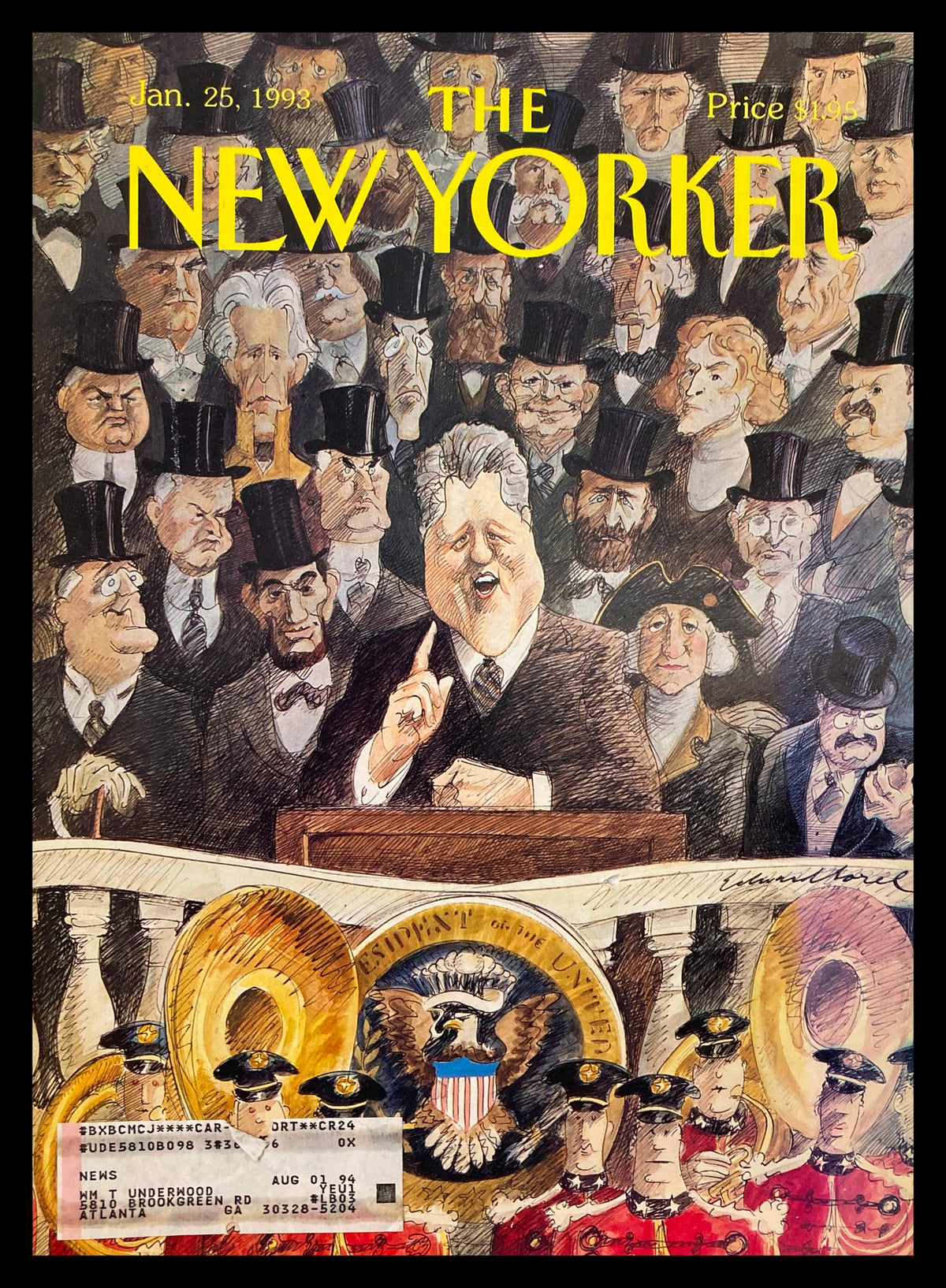 Cover of The New Yorker dated January 25, 1993, featuring a colorful illustration by E. Sorel of Bill Clinton delivering a speech, surrounded by a historical crowd including Abraham Lincoln and other notable figures. This collectible piece represents a significant moment in American political history.