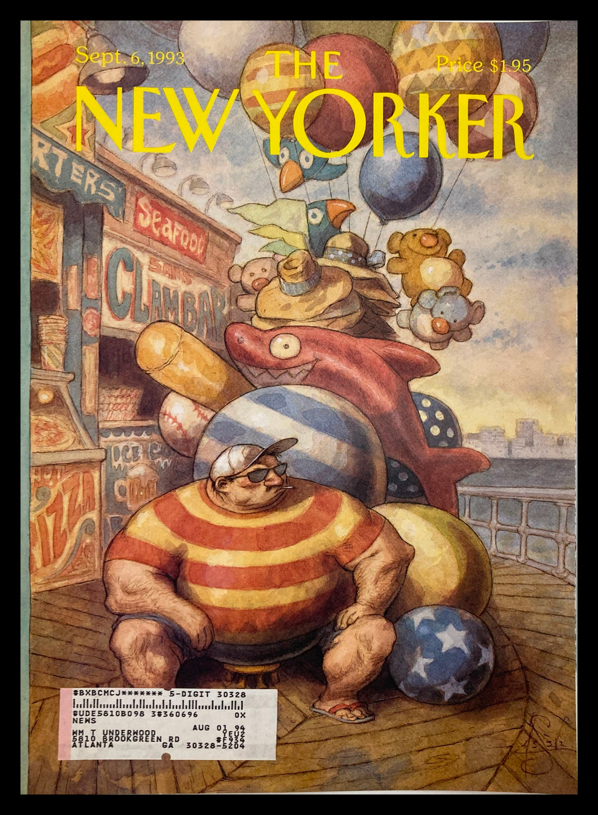 Cover of The New Yorker dated September 6, 1993, featuring vibrant artwork by Peter de Seve, depicting a whimsical Labor Day scene with balloons and a character in a striped shirt on a pier.