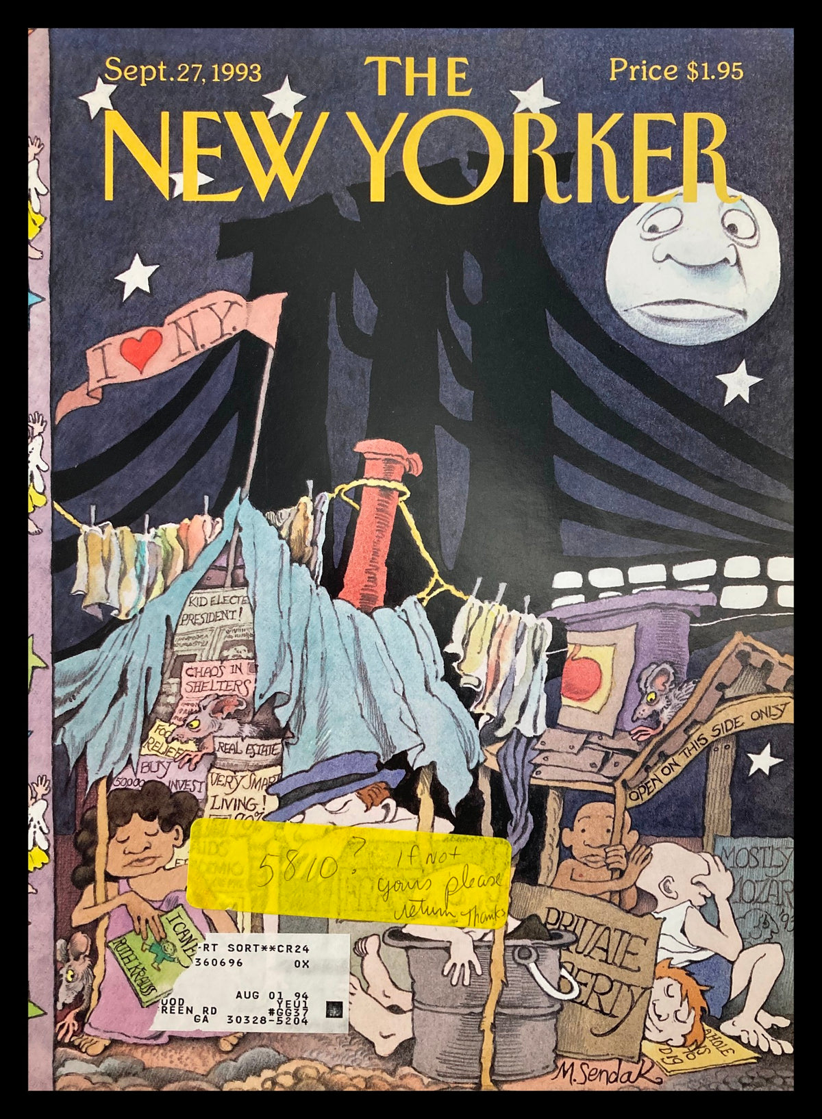 Cover of The New Yorker, September 27, 1993 titled 'Private Property' by M. Sendak, featuring whimsical art with characters, a 'I love NY' banner, and various vintage elements.