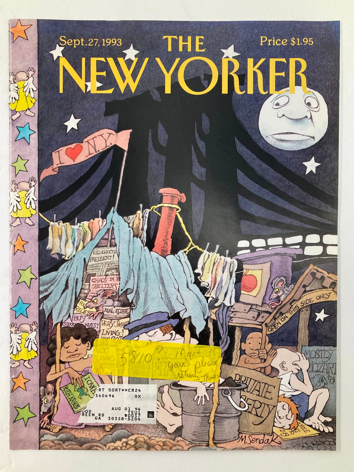 The New Yorker cover from September 27, 1993, titled 'Private Property' by M. Sendak, showcasing colorful illustrations and unique details like a price tag and character signs.