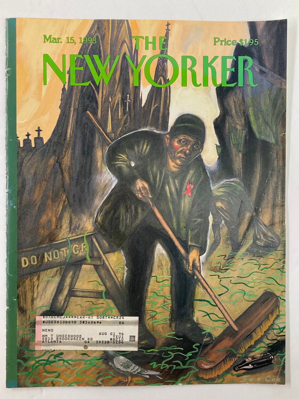 The New Yorker cover March 15, 1993, 'Do Not Cry' by Sue Coe, showing the artwork with the date and price at the top.