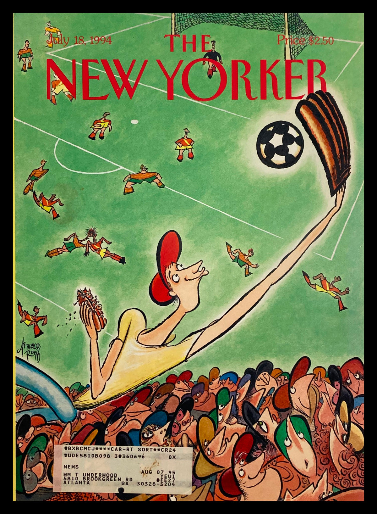 Cover of The New Yorker July 18 1994 titled "Homerun" by Arnold Roth, featuring a whimsical illustration of a character catching a soccer ball with a baseball mitt amidst an excited crowd.