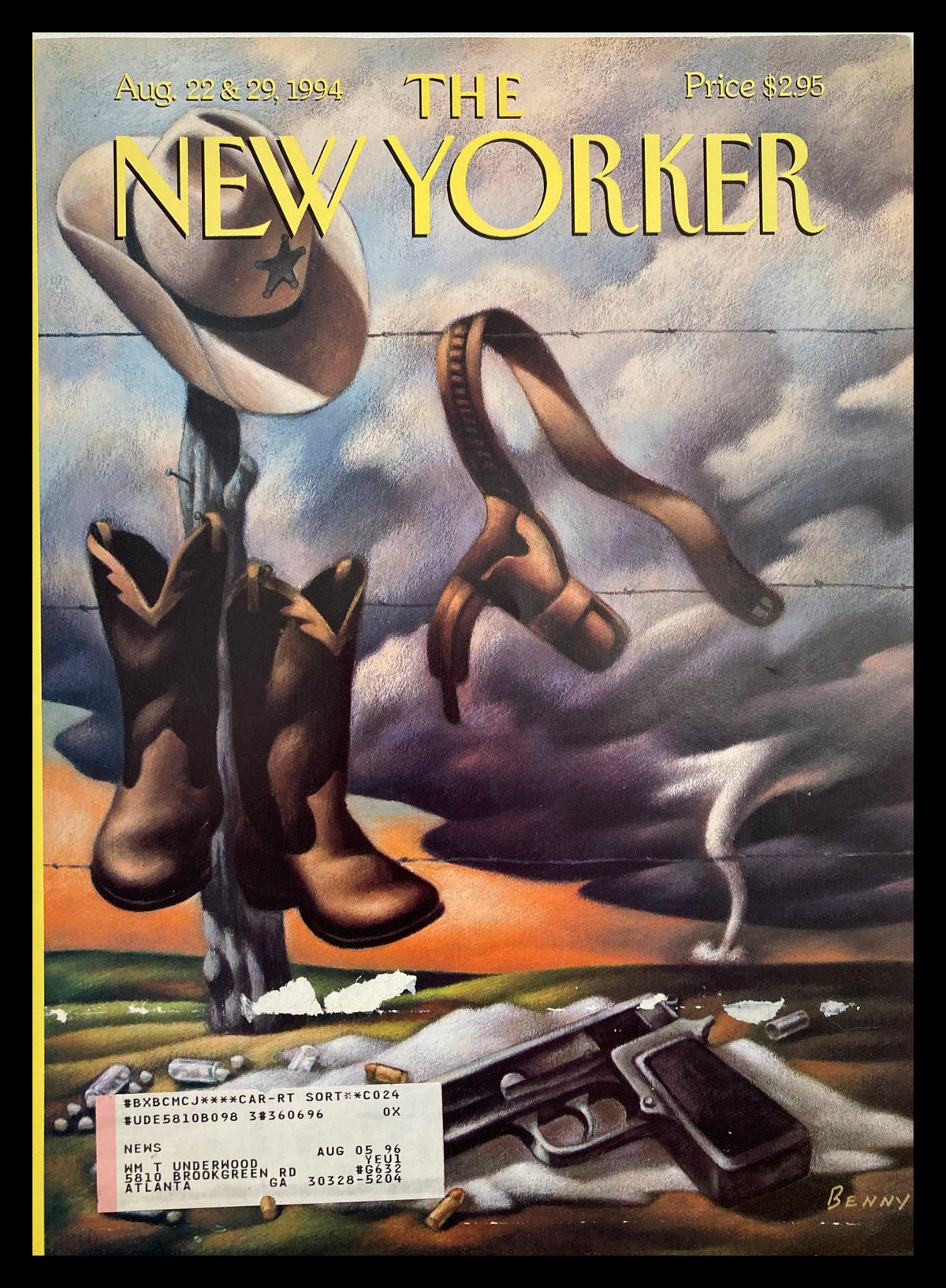 Cover of The New Yorker magazine, August 22, 1994, titled 'Riding the Storm' by Mike Benny, featuring cowboy boots, a hat, and a pistol against a dramatic stormy backdrop.