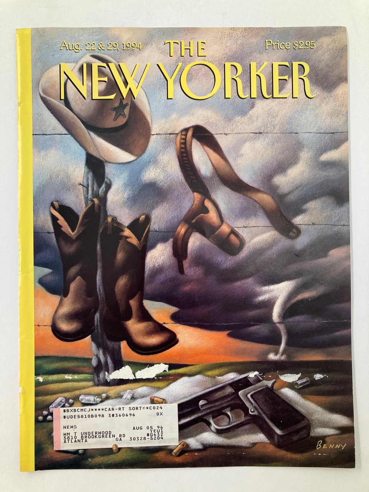 Cover of The New Yorker magazine, August 22, 1994, titled 'Riding the Storm' by Mike Benny, showcasing vibrant cowboy themed illustrations with a stormy sky.