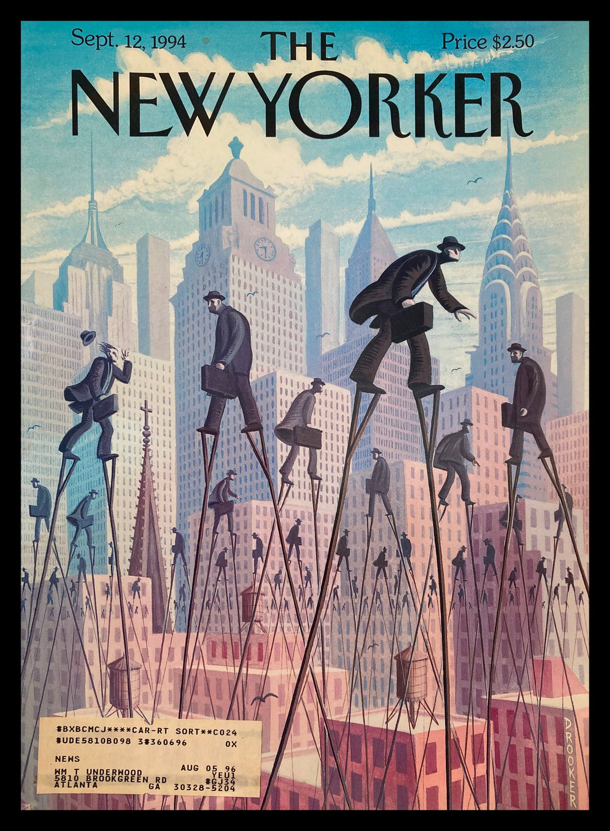 Cover of The New Yorker from September 12, 1994, titled 'Life at the Top' by Eric Drooker, featuring stylized figures on stilts against a city skyline backdrop.