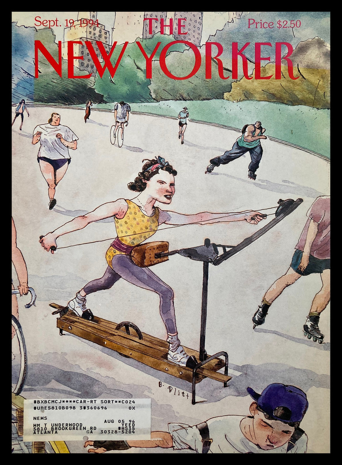 The New Yorker Cover Only September 19, 1994 featuring artwork by Barry Blitt, depicting a humorous scene of a woman exercising on a unique machine with a group of joggers and cyclists in the background.