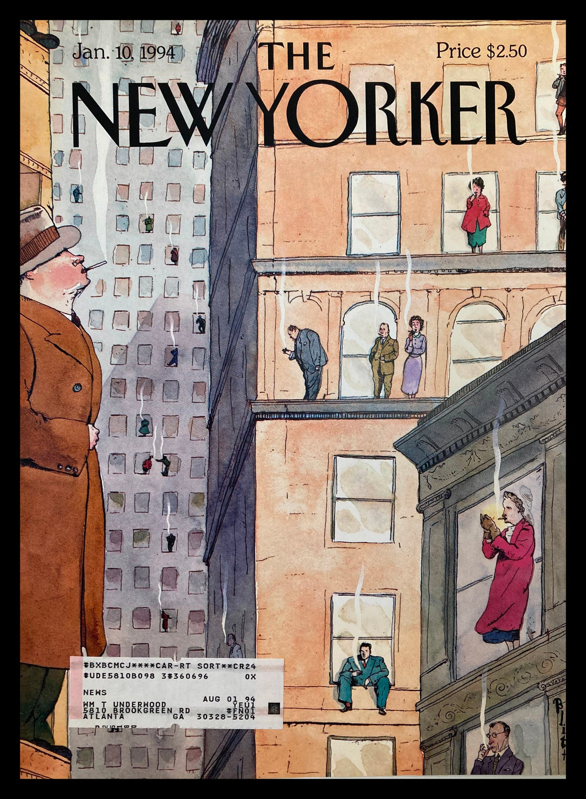 Cover of The New Yorker January 10 1994 featuring the illustration 'Resolute Smokers' by Barry Blitt, showcasing characters in a cityscape with a vintage aesthetic and minor wear.