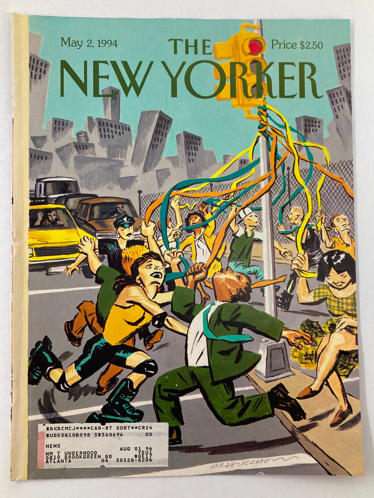 COVER ONLY The New Yorker May 2 1994 May Day by David Mazzuchelli, showcasing vibrant artwork of a May Day scene with animated figures in a bustling urban setting.