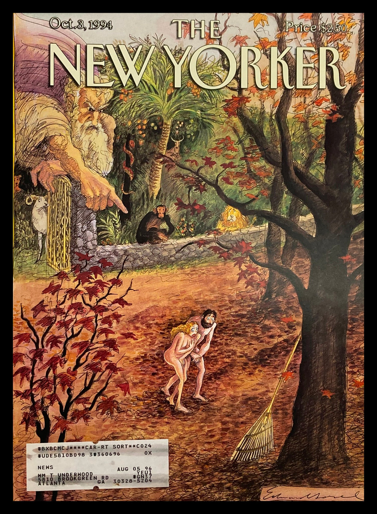The New Yorker Cover October 3 1994 featuring the artwork 'The Fall' by Edward Sorel, depicting a whimsical autumn scene with figures, animals, and vibrant foliage.