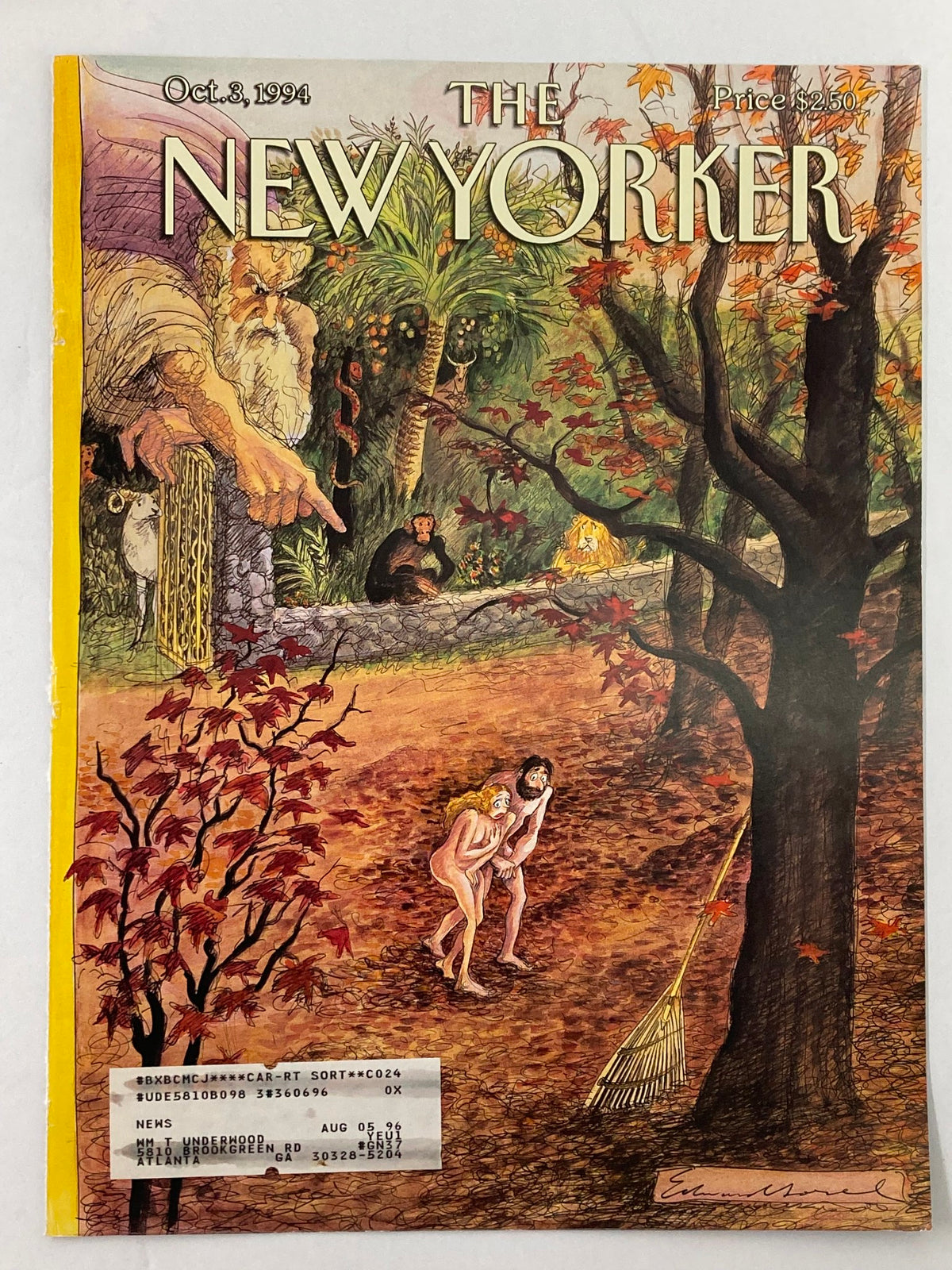 The New Yorker Cover October 3 1994 showcasing 'The Fall' by Edward Sorel, highlighting humorous elements of nature with characters and colorful autumn leaves.