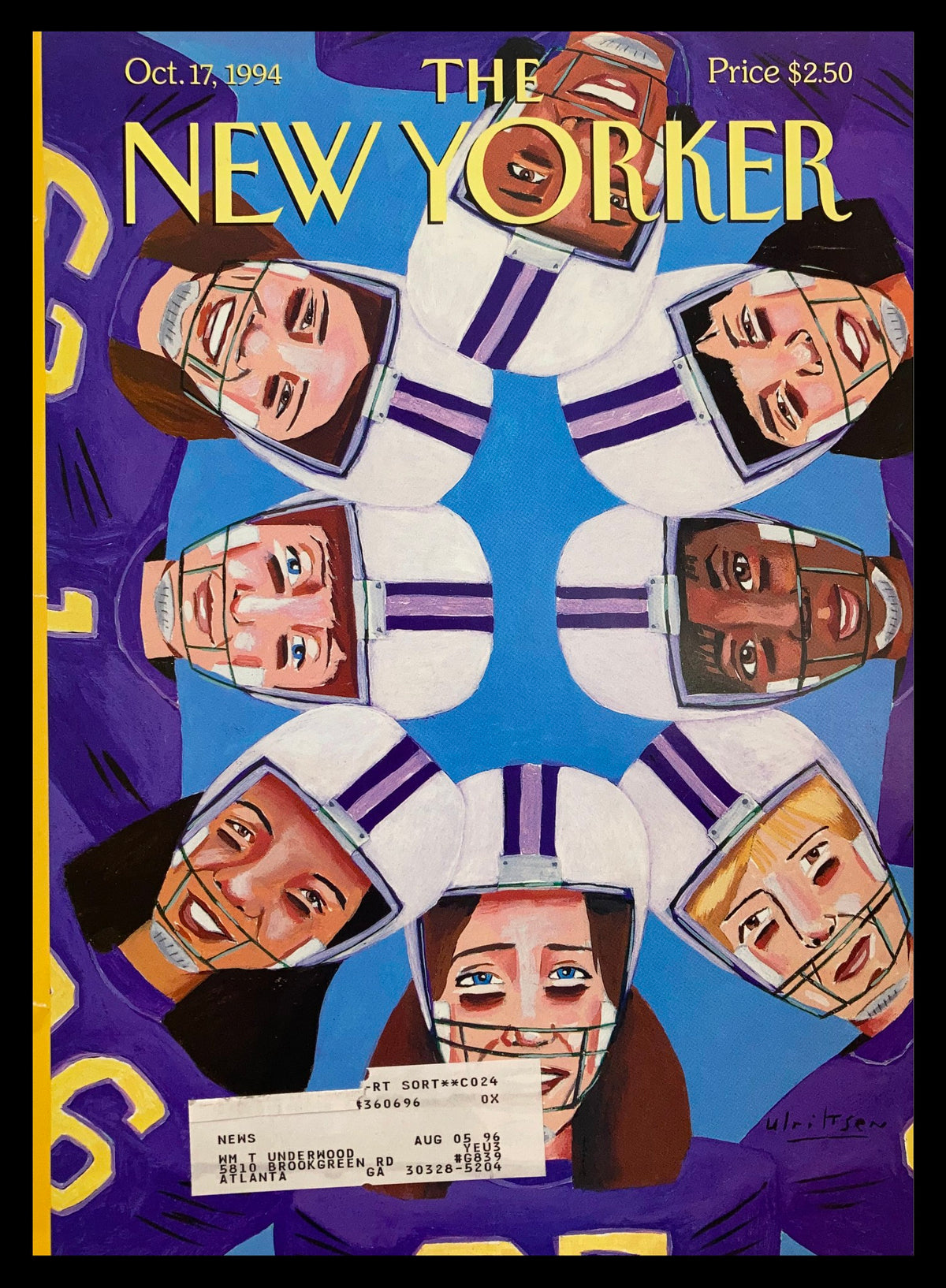 The New Yorker cover titled "Huddle" by Mark Ulriksen, published on October 17, 1994. The illustration features a colorful depiction of several football players wearing helmets, showcasing their faces in a playful arrangement against a blue background.