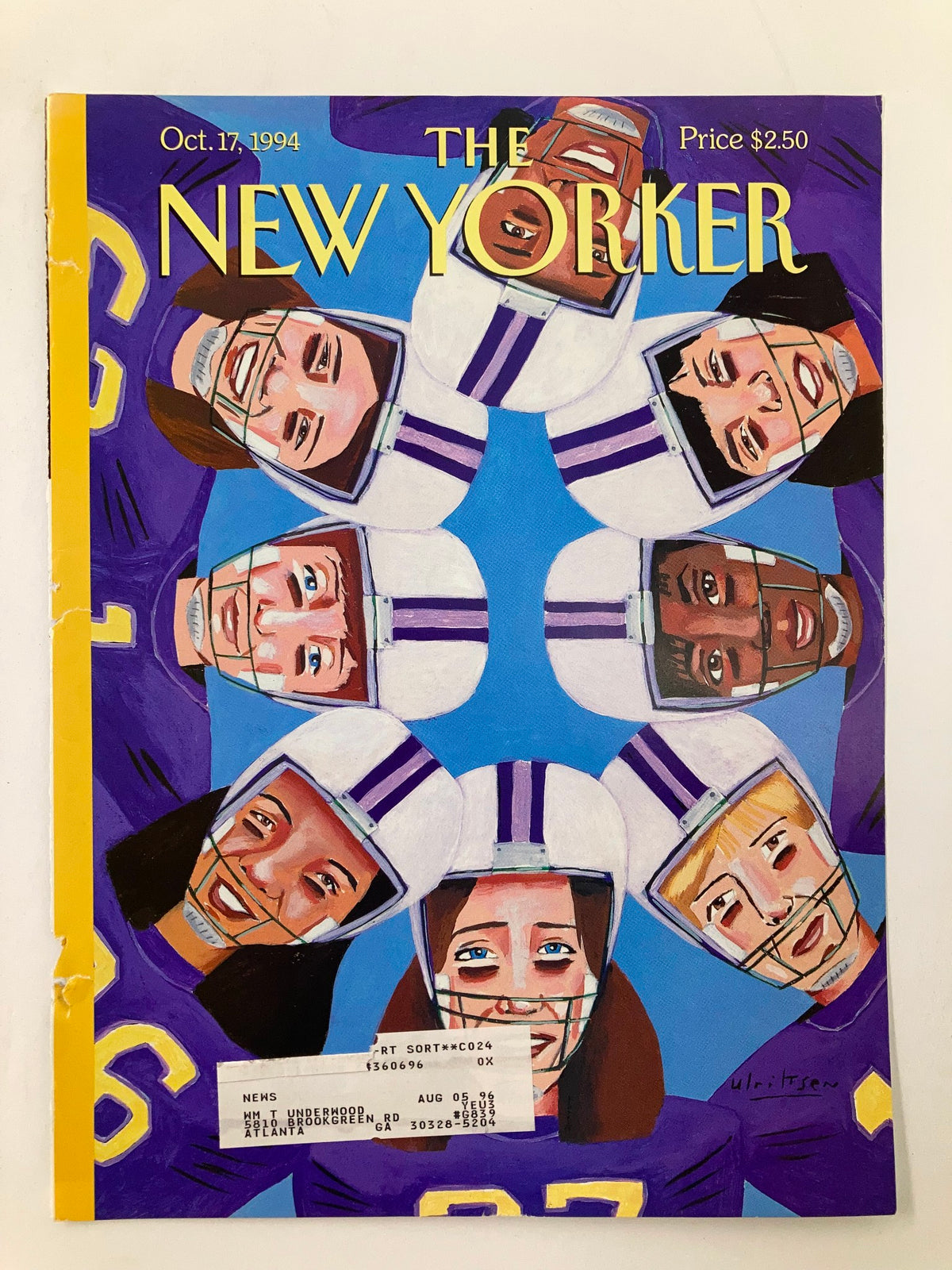 Another view of The New Yorker cover titled "Huddle" by Mark Ulriksen from October 17, 1994. This image highlights the vibrant artwork of football players smiling, adorned in their helmets, framed by the magazine's iconic design.