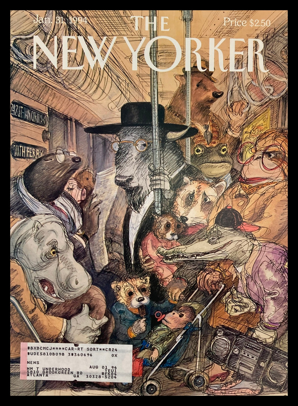 Cover of The New Yorker from January 31, 1994, titled 'Crush Hour' by Edward Sorel. The illustration features anthropomorphic animals and city life in a subway setting, capturing a vibrant New York atmosphere.