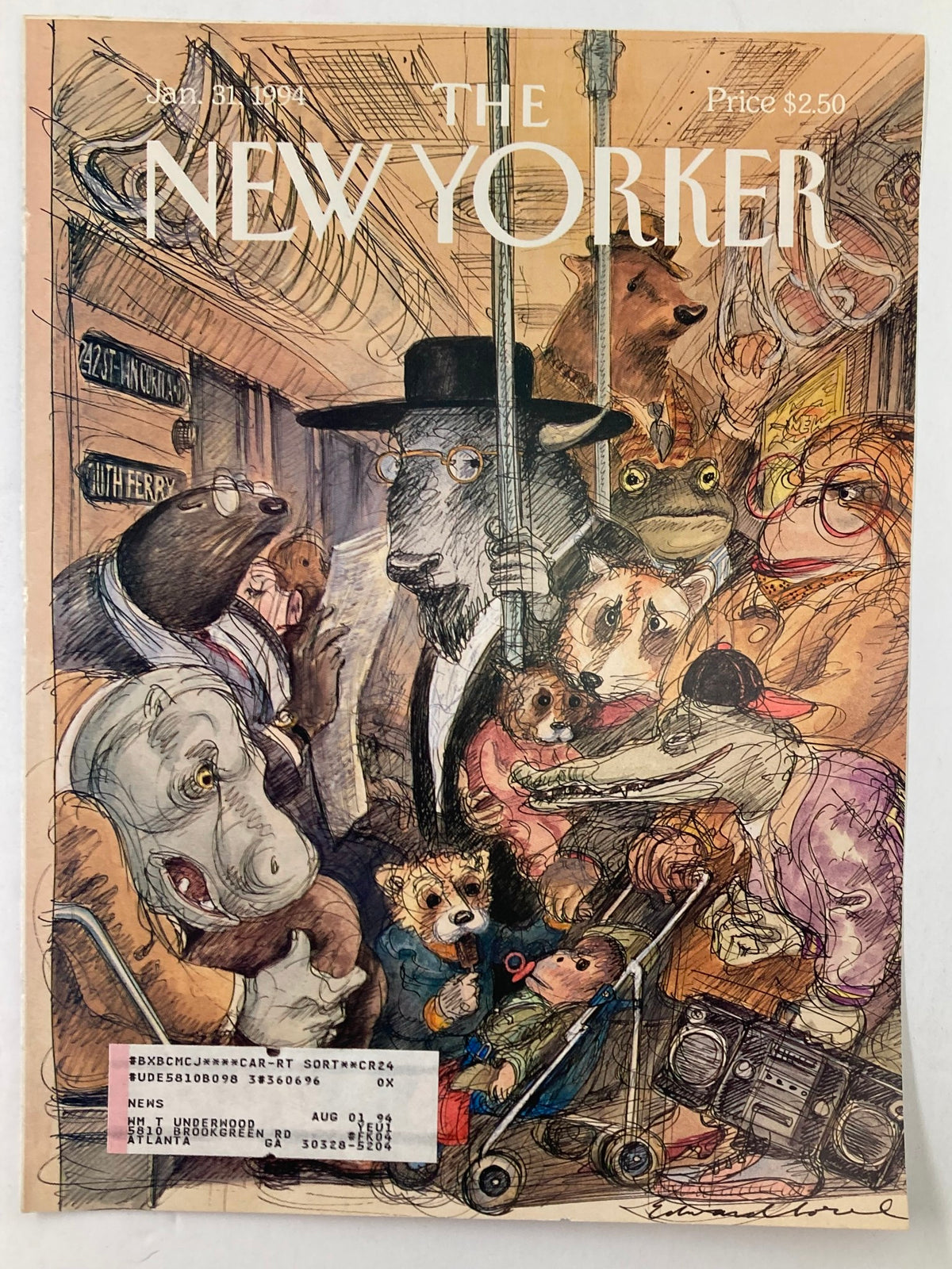 Cover of The New Yorker from January 31, 1994, titled 'Crush Hour' by Edward Sorel. The artwork depicts a crowded subway scene with whimsical animal characters, reflecting the charm and hustle of 1990s New York.
