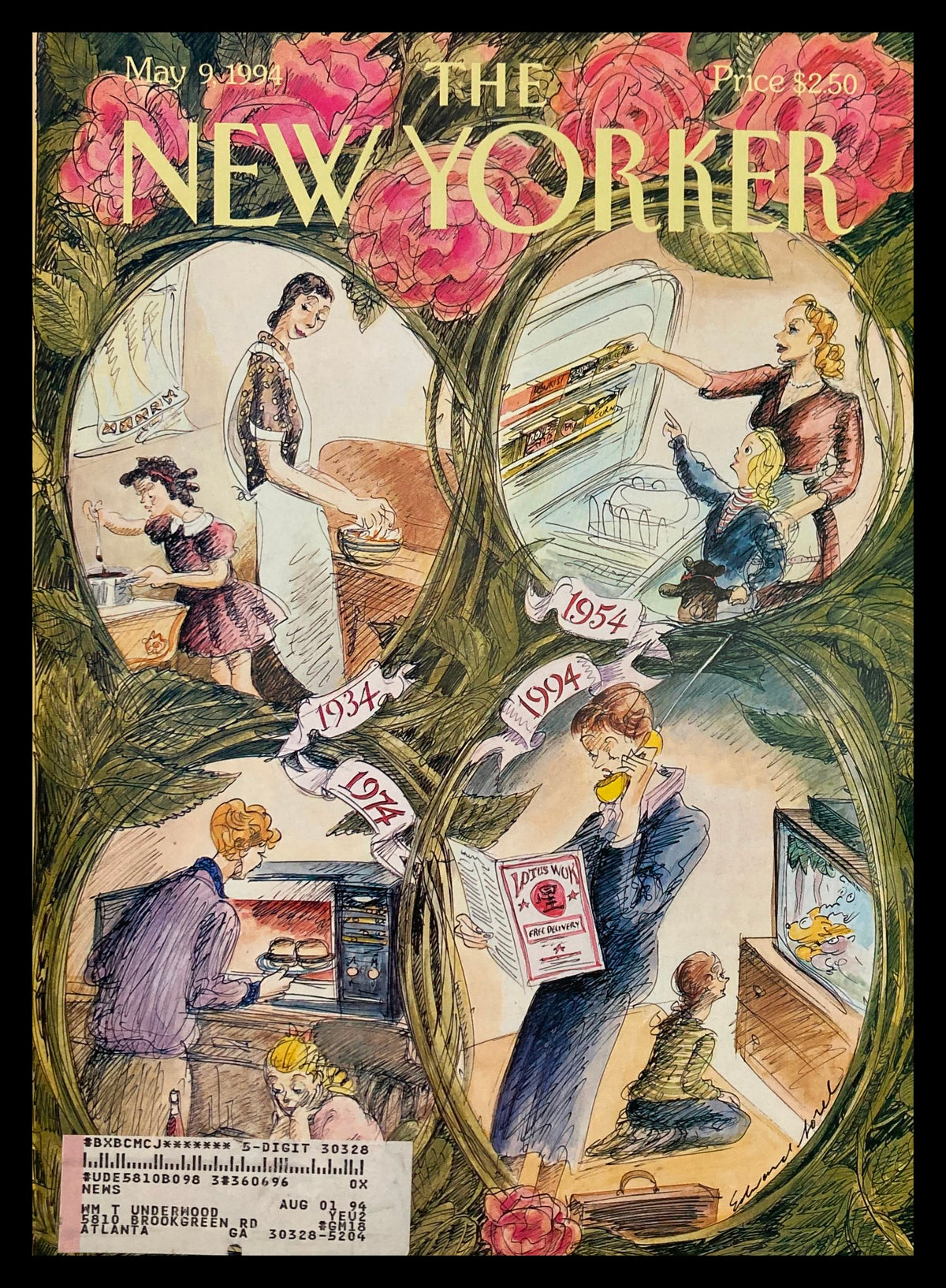 Cover of The New Yorker, May 9, 1994, titled 'Moms' by Edward Sorel, showcasing whimsical illustrations of motherhood across different eras, framed by roses.