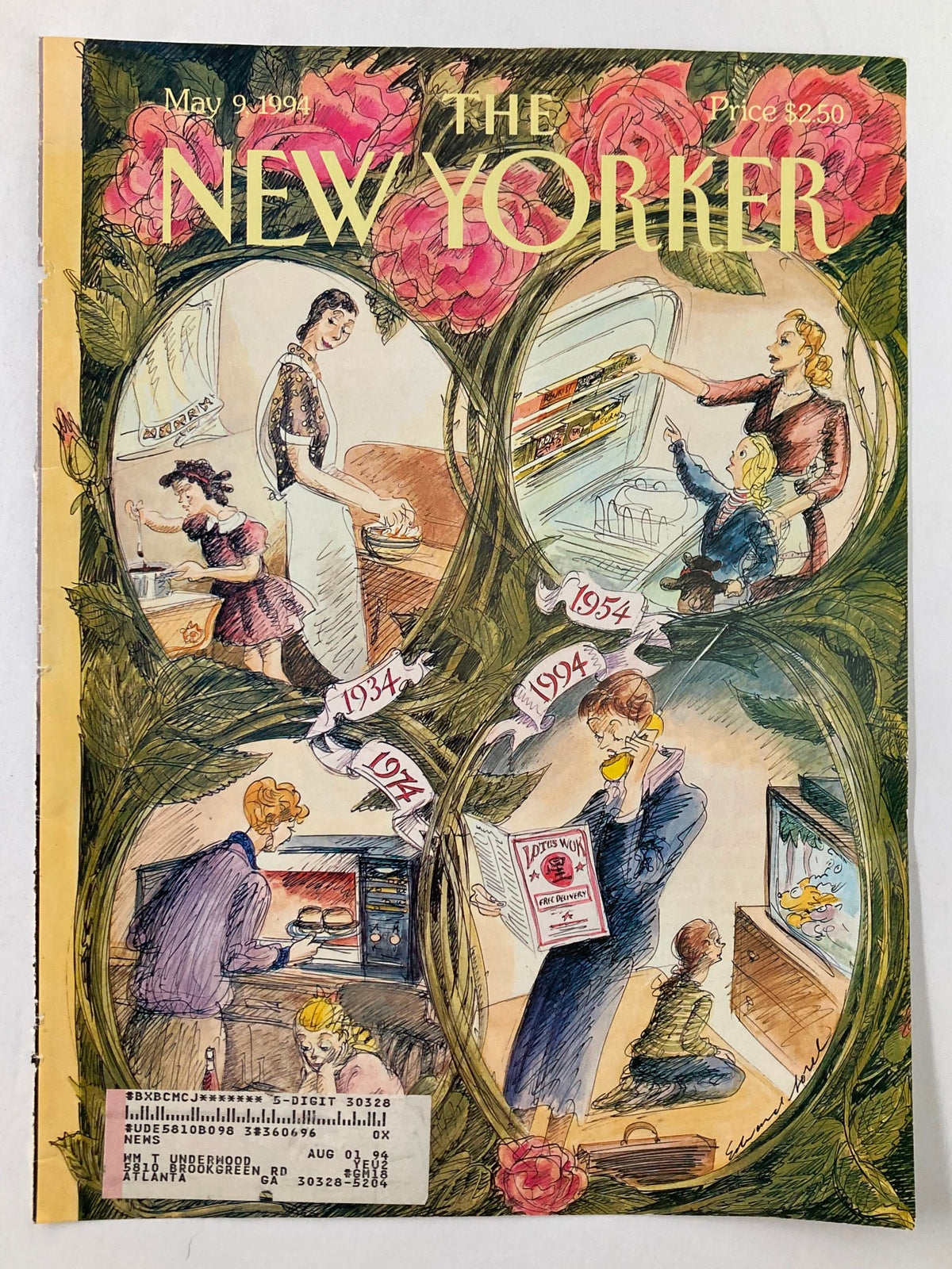 Cover of The New Yorker, May 9, 1994, featuring the artwork 'Moms' by Edward Sorel, depicting nostalgic scenes of mothers in various settings, adorned with floral borders.