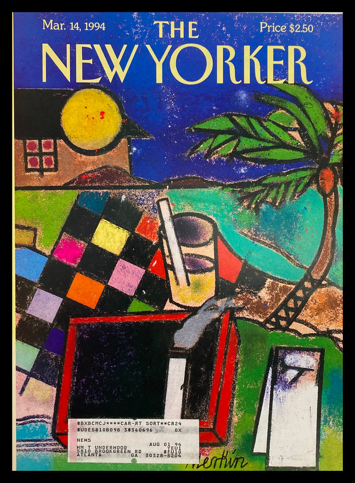 Cover of The New Yorker magazine dated March 14, 1994, titled 'Wishing You Were Here' by Richard Merkin, featuring a colorful abstract design with a house, palm tree, and scattered geometric shapes.