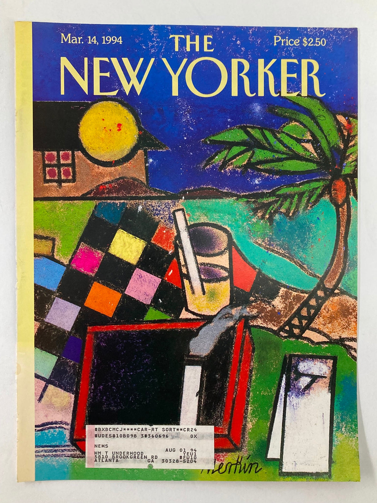 Cover of The New Yorker magazine dated March 14, 1994 titled 'Wishing You Were Here' by Richard Merkin, featuring colorful artwork with a beach scene, vibrant colors, and artistic designs.