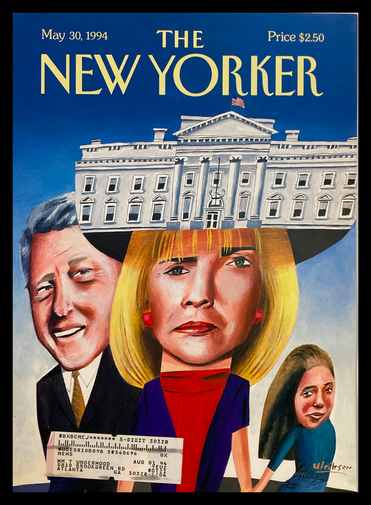 Cover of The New Yorker May 30 1994 The Clintons by Mark Ulriksen featuring a vibrant illustration of Bill and Hillary Clinton with the White House in the background.