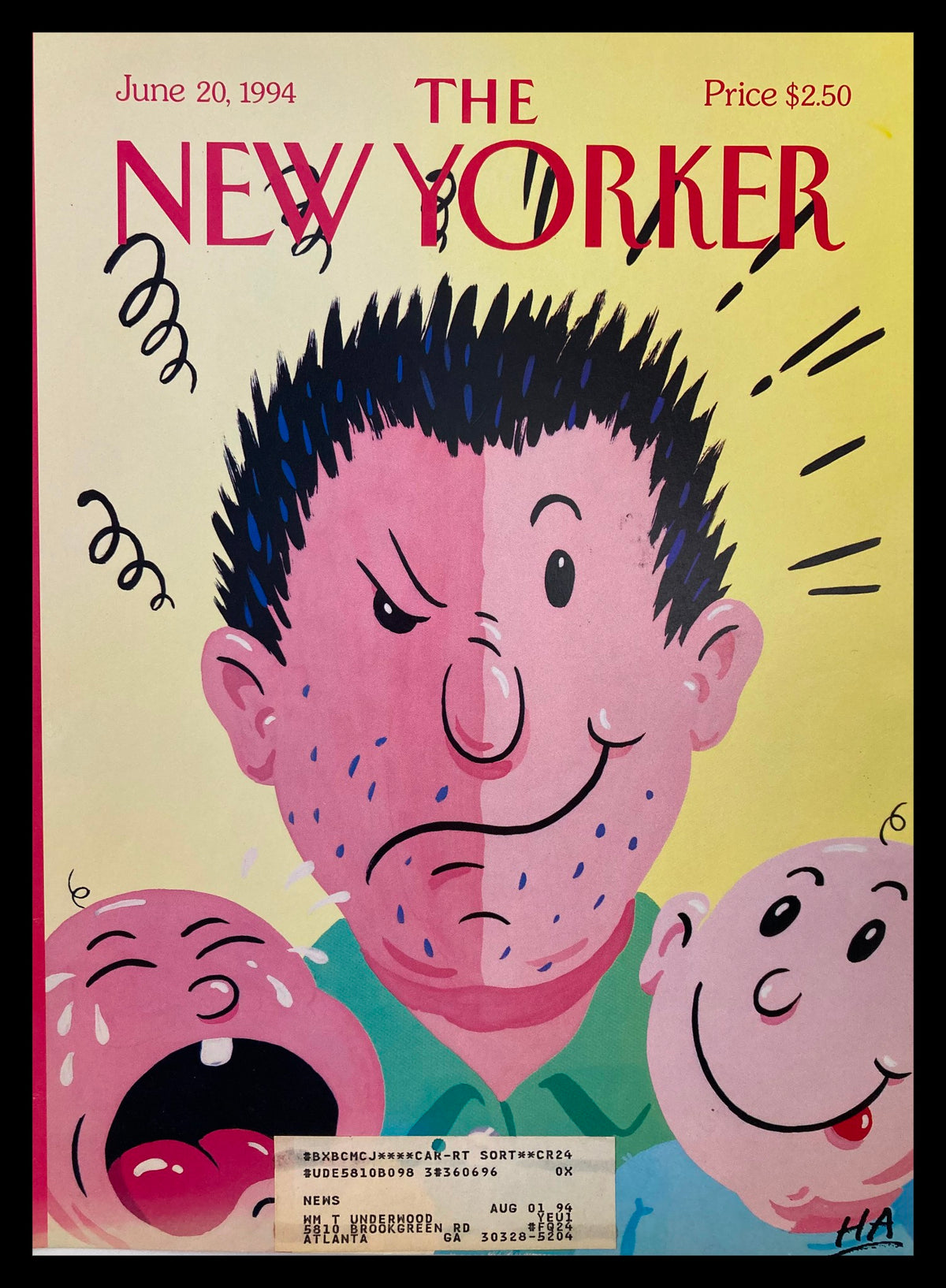 Cover of The New Yorker, June 20, 1994, titled 'Father's Day' by Bob 'HA' Zoell, featuring a colorful illustration of two babies and a father figure with various facial expressions. Ideal for collectors.