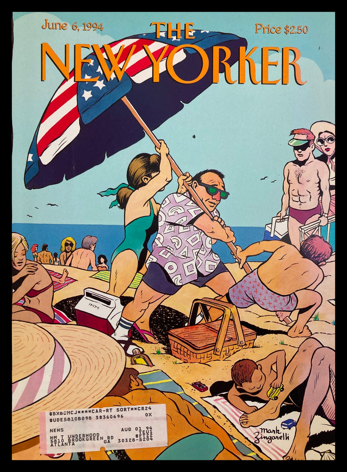 COVER ONLY The New Yorker June 6 1994 Memorial Day by Mark Zingarelli, featuring a vibrant beach scene with sunbathers, a large American flag umbrella, and playful beach activities.