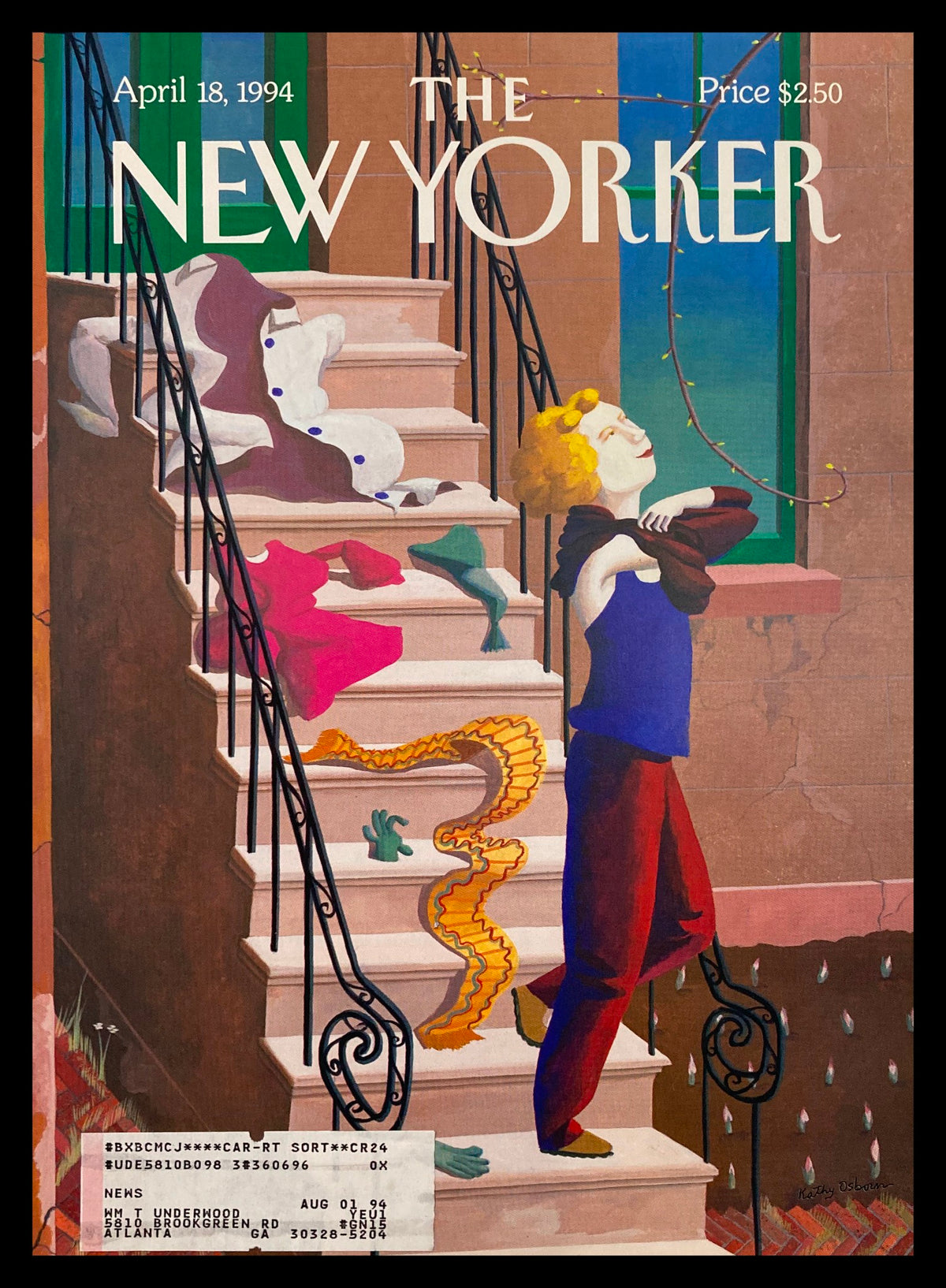 Cover of The New Yorker April 18 1994 featuring artwork 'Molting' by Kathy Osborn, depicting a whimsical scene on stairs with a child and vibrant colors.