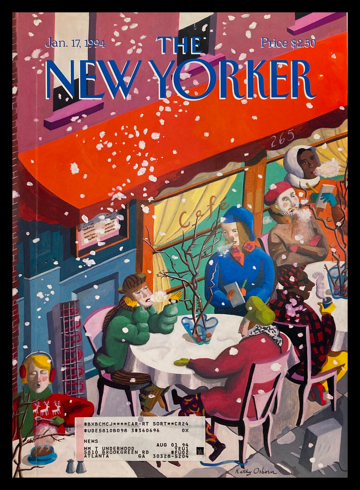 Cover of The New Yorker, January 17, 1994, featuring "The Diehard Cafe" by Kathy Osborn, showcasing a snow-covered scene outside a café with colorful characters.