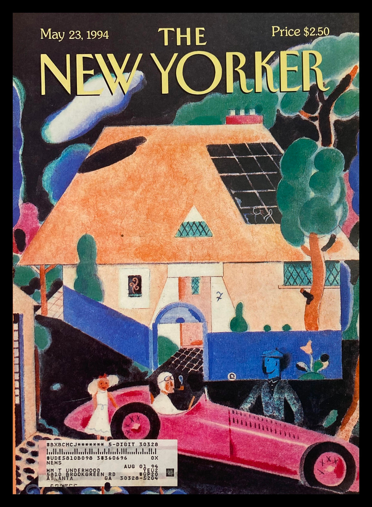 Cover of The New Yorker dated May 23, 1994, featuring artwork "A Spin in the Country" by Ever Muelen, depicting a colorful country scene with a pink car and unique architectural elements.