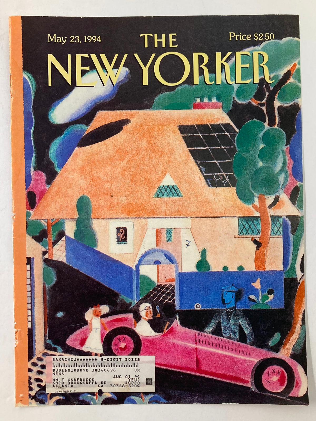 Cover of The New Yorker dated May 23, 1994, showcasing the artwork "A Spin in the Country" by Ever Muelen, illustrating a vibrant rural setting with whimsical details and a stylish pink automobile.