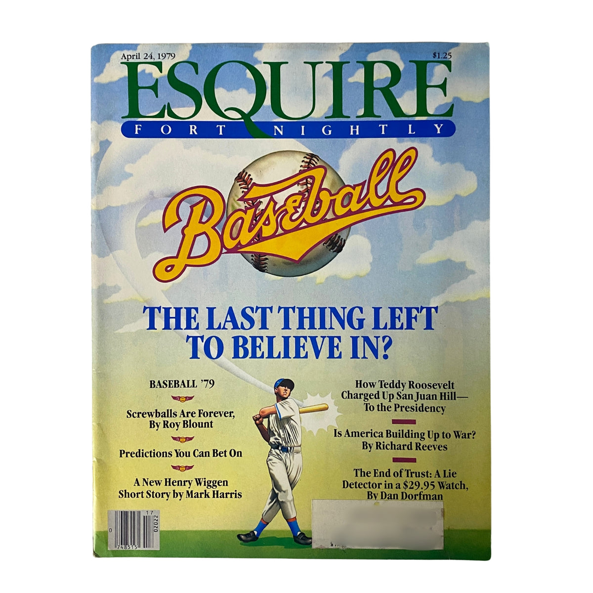Esquire Magazine April 24, 1979 cover featuring a baseball theme, titled 'The Last Thing Left to Believe In?', highlighting articles on baseball predictions and featured writings by Roy Blount.