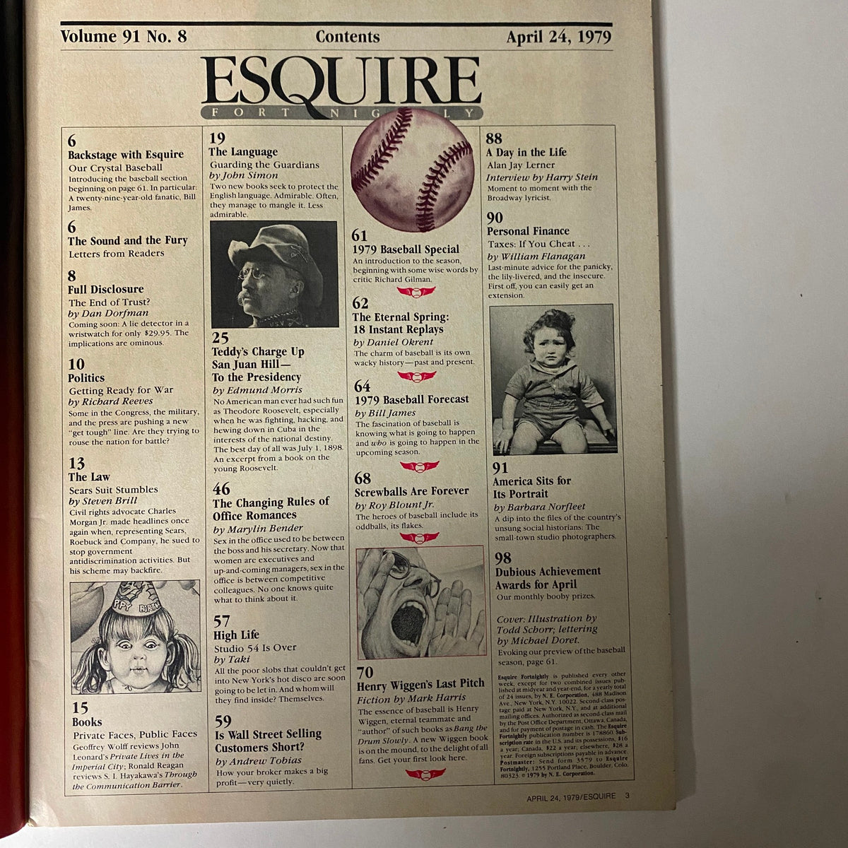Contents page of Esquire Magazine April 24, 1979, detailing articles including baseball forecasts and social commentary from notable writers such as Bill James and Roy Blount.