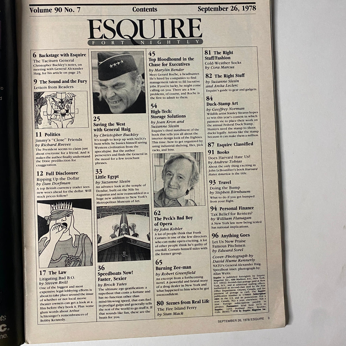 Contents page of Esquire Magazine, September 26, 1978, featuring articles including 'Saving the West with General Haig' and other cultural insights of the 1970s.