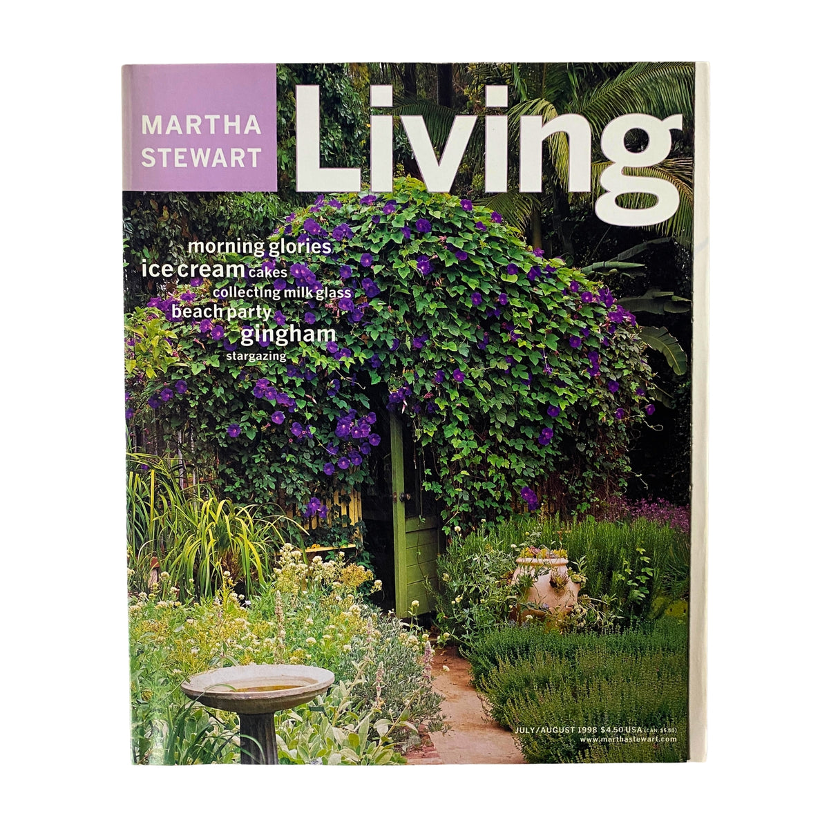 Martha Stewart Living Magazine July 1998 issue featuring morning glories on the cover, showcasing vibrant garden design, seasonal recipes, and summer inspiration.