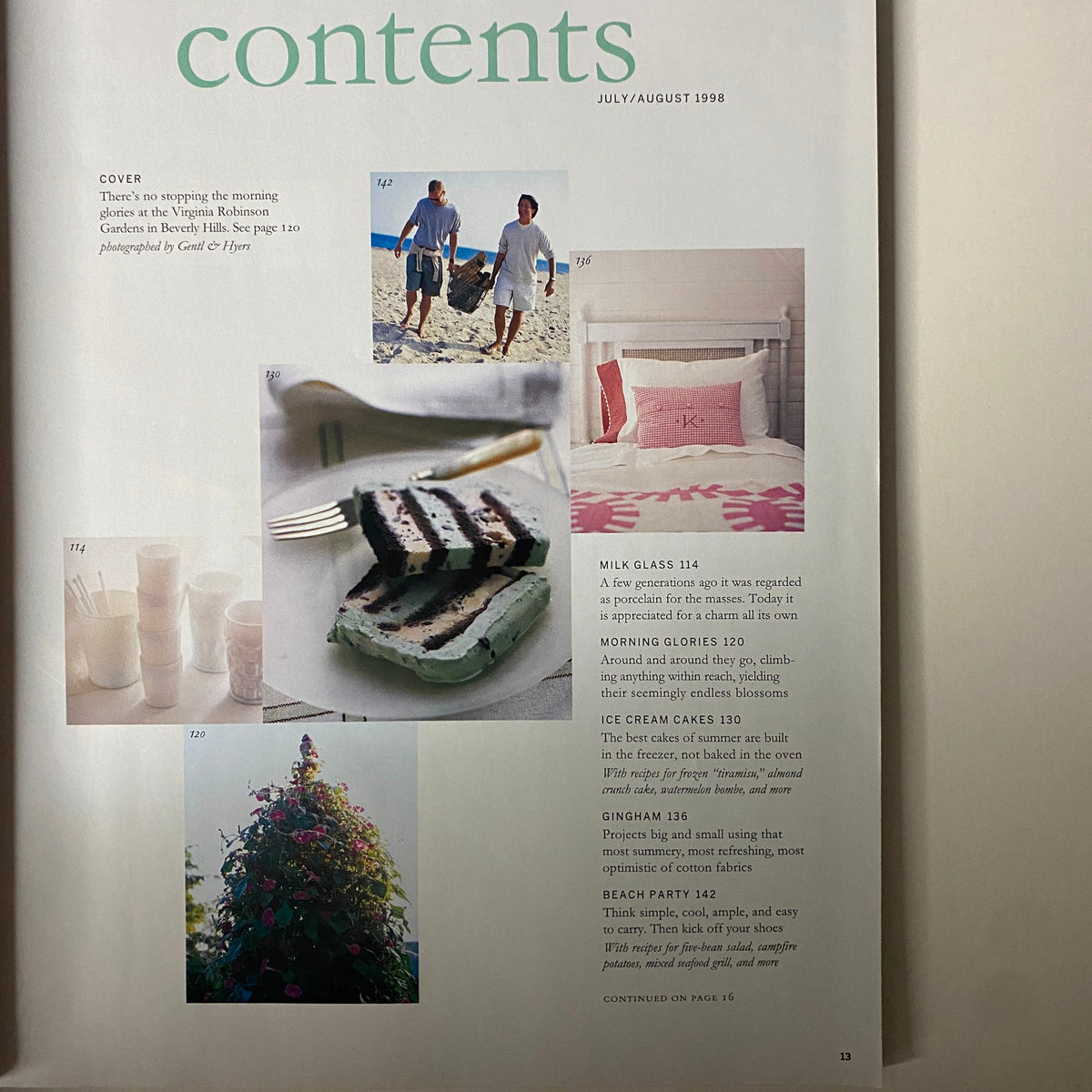 Contents page of Martha Stewart Living Magazine July 1998 featuring highlights on summer garden inspirations, ice cream cakes, and vintage collectibles.