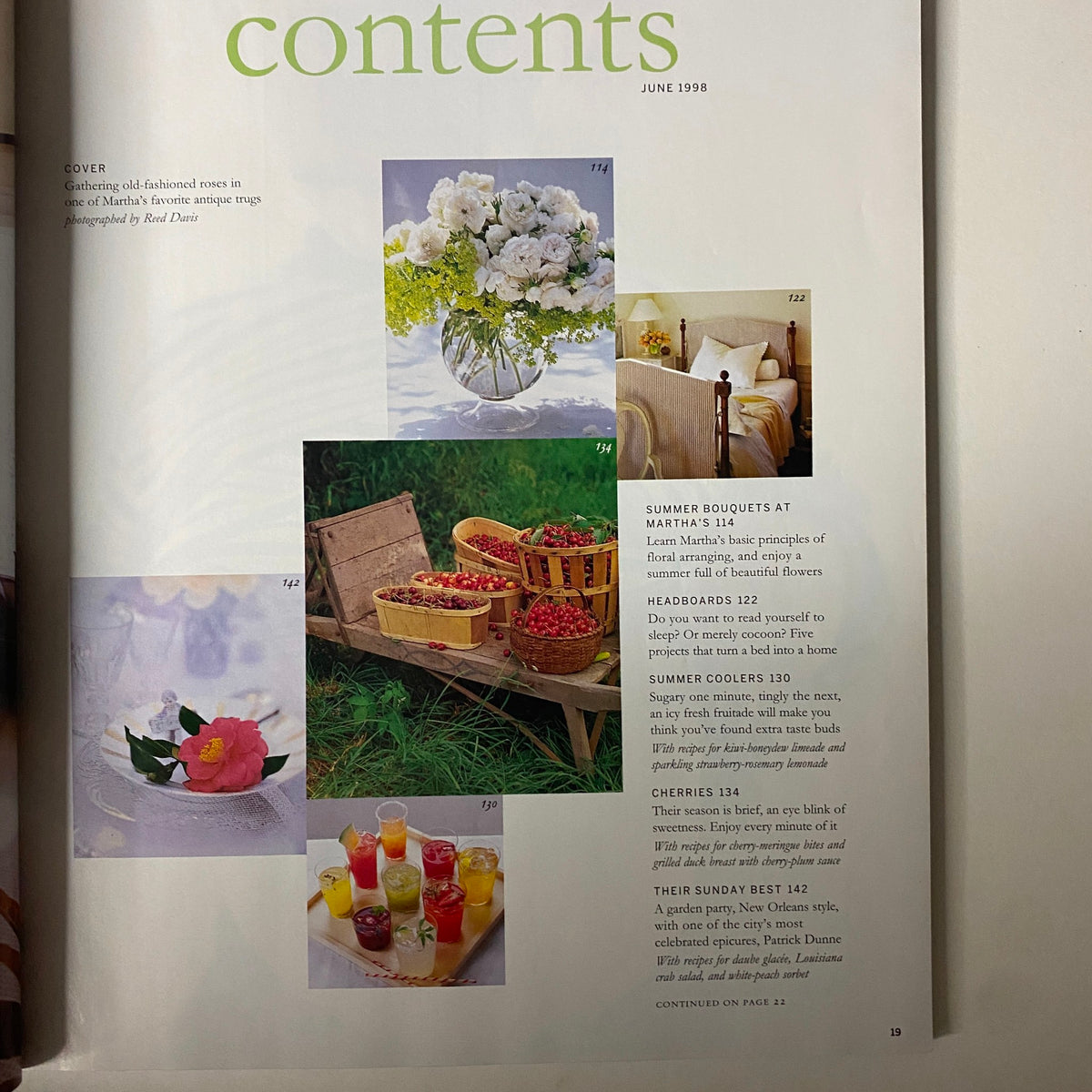 Contents page of Martha Stewart Living Magazine June 1998 showcasing articles on summer bouquets, DIY headboards, refreshing cooler recipes, and cherry dishes, illustrated with beautiful floral and fruit imagery.