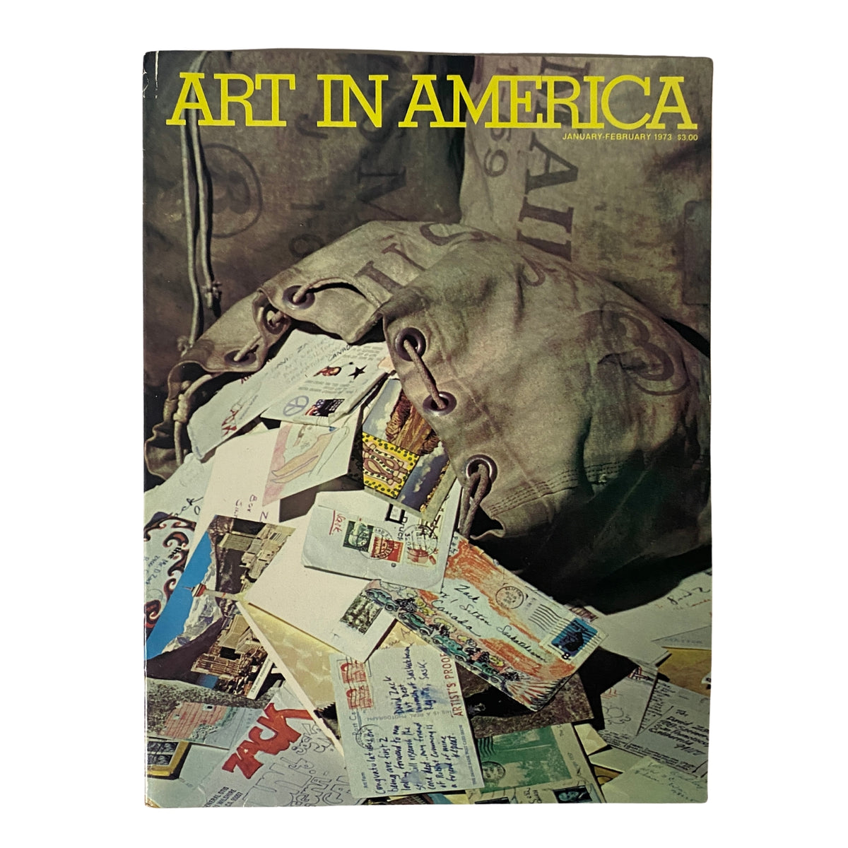 Cover of Art in America Magazine January 1973 featuring a collection of mail art and mailbags, highlighting the article by art historian David Zack.