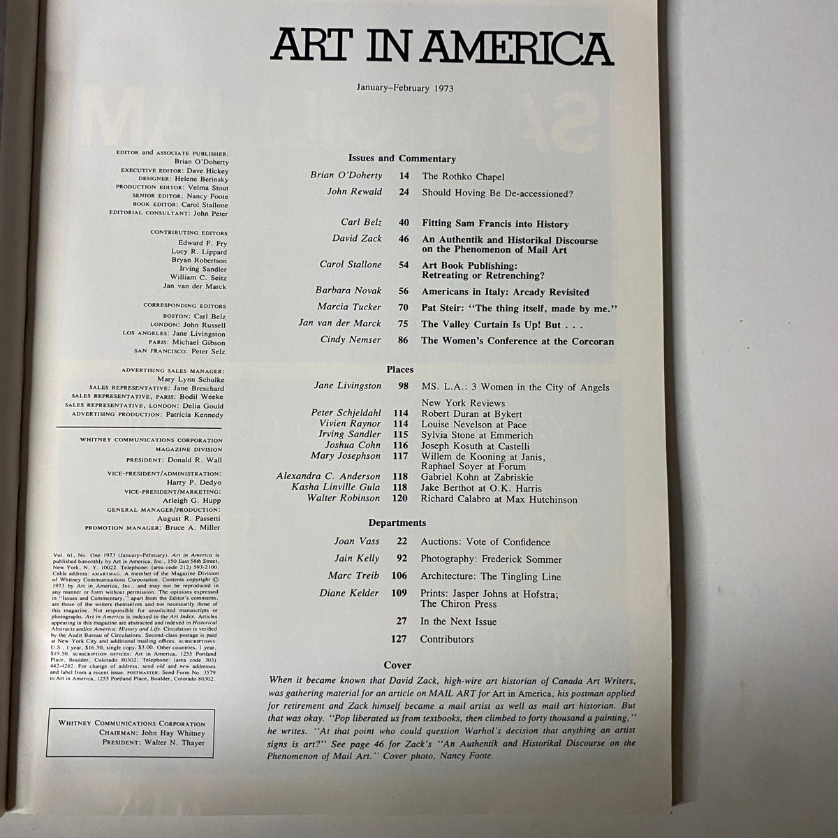 Page from Art in America Magazine January 1973 displaying contents including articles by art historian David Zack and details on key art topics.