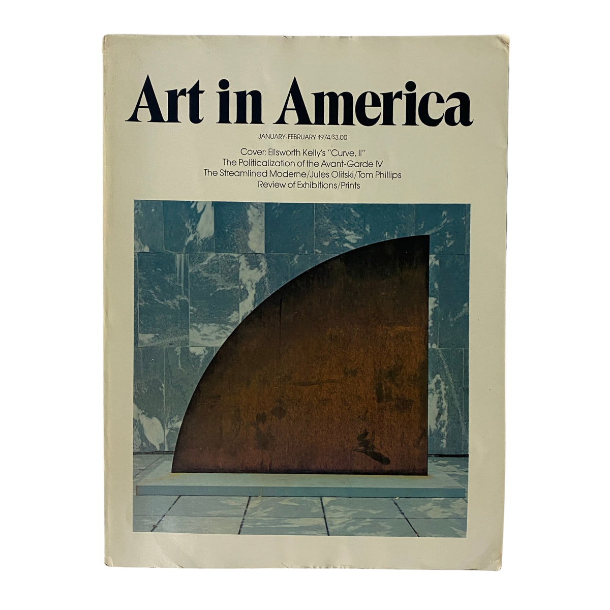 Cover of Art in America Magazine January 1974 featuring Ellsworth Kelly's 'Curve II: Cor-Ten', showcasing modern art themes.