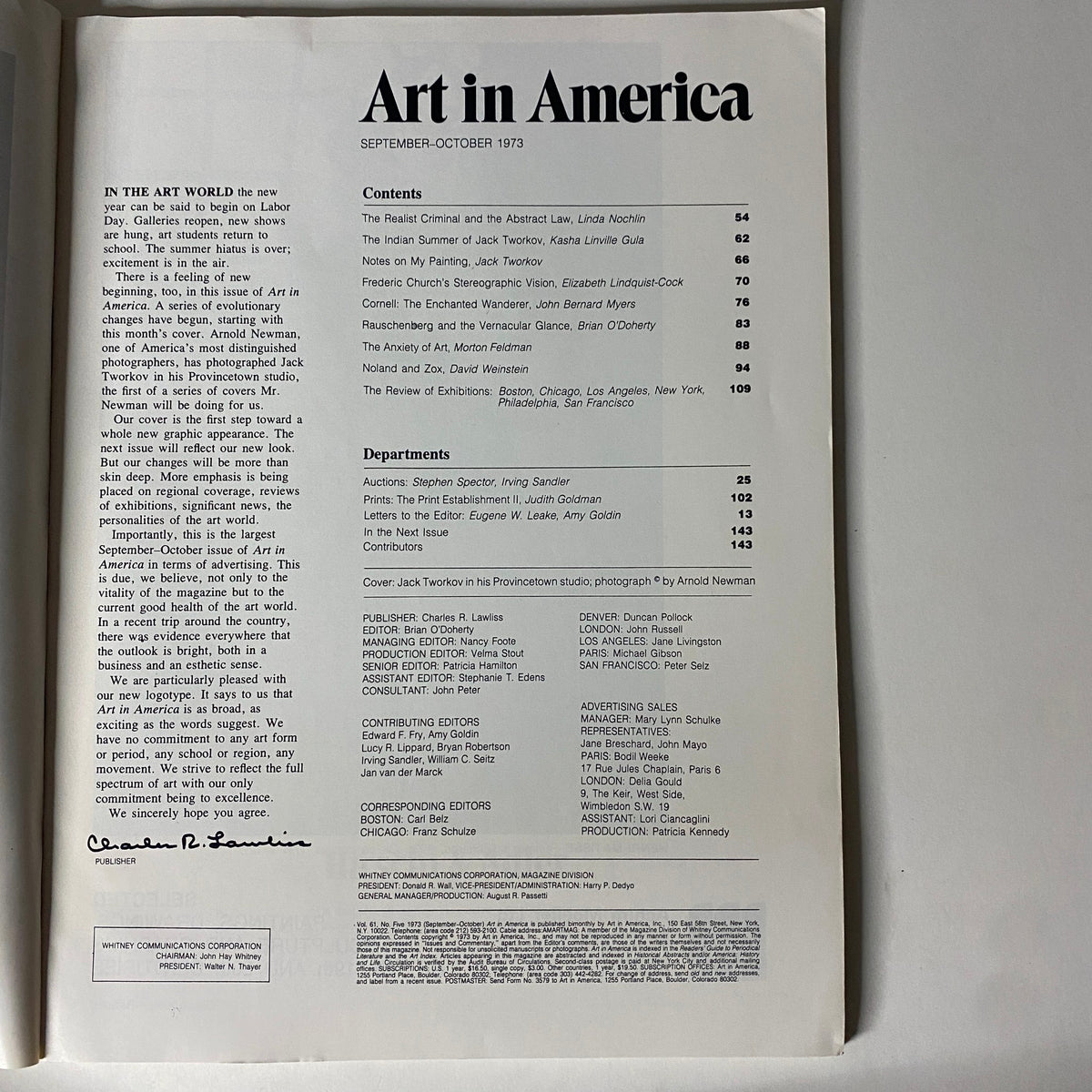 Table of contents from Art in America Magazine September 1973, highlighting articles including 'The Indian Summer of Jack Tworkov' and 'Notes on My Painting' by Jack Tworkov.
