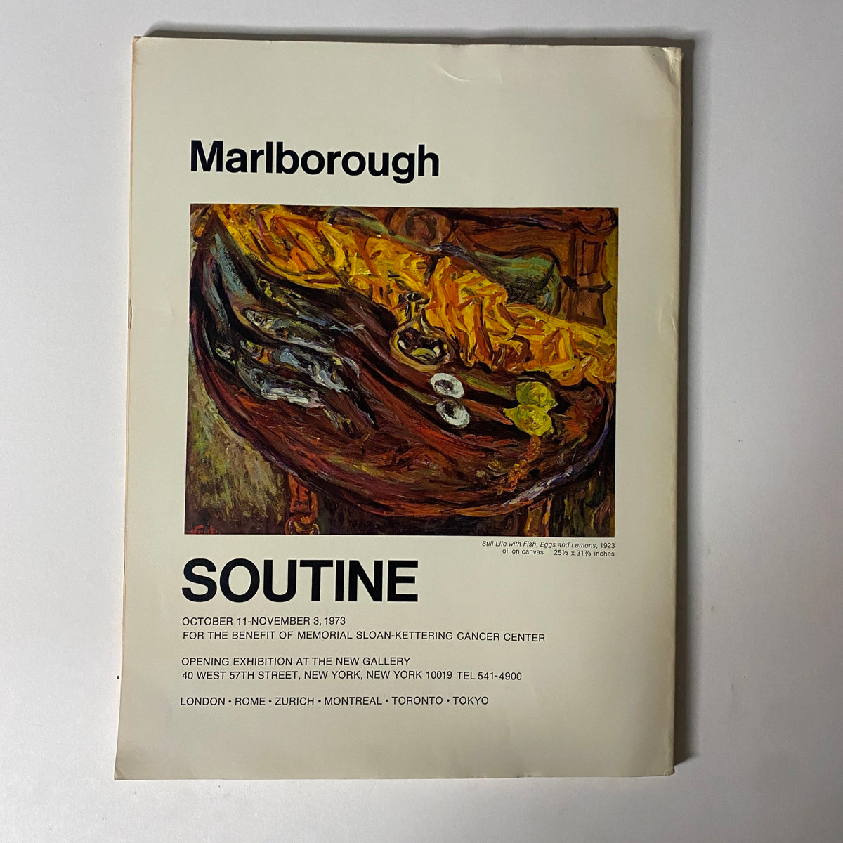 Cover of the Marlborough Gallery exhibition catalog featuring the title 'Soutine' for the October 11 - November 3, 1973 exhibition, showcasing a vibrant artwork of still life with fish, eggs, and lemons. This piece highlights the benefit exhibition for the Memorial Sloan-Kettering Cancer Center.