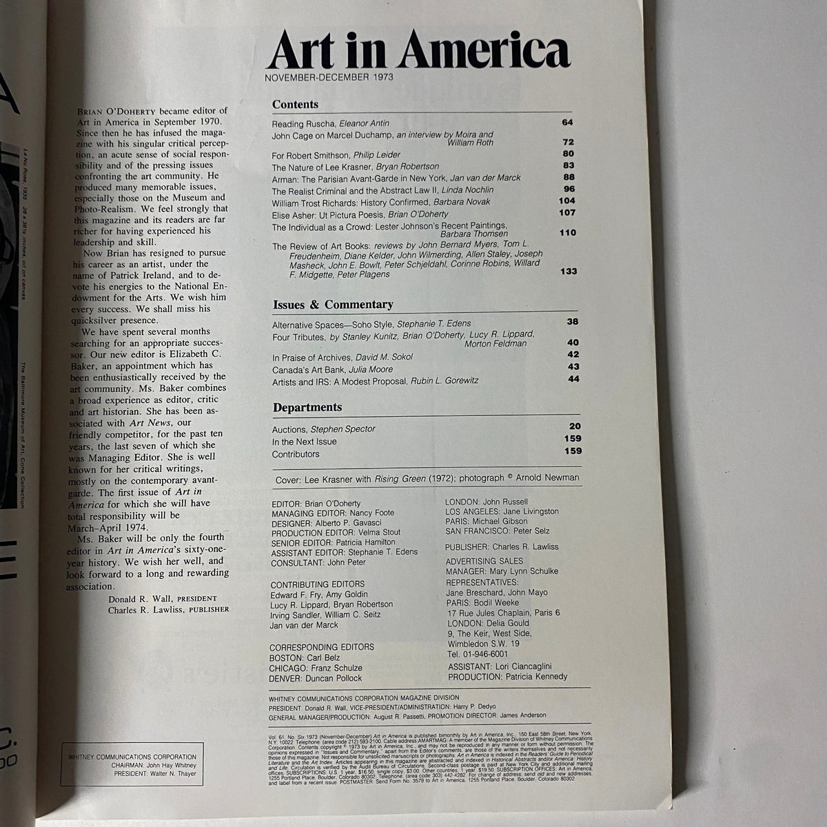 Inside page of Art in America Magazine November 1973, detailing the table of contents highlighting major articles and artists featured in this issue.
